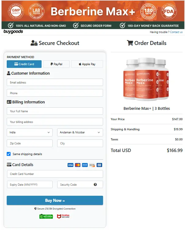 Berberine Max order page